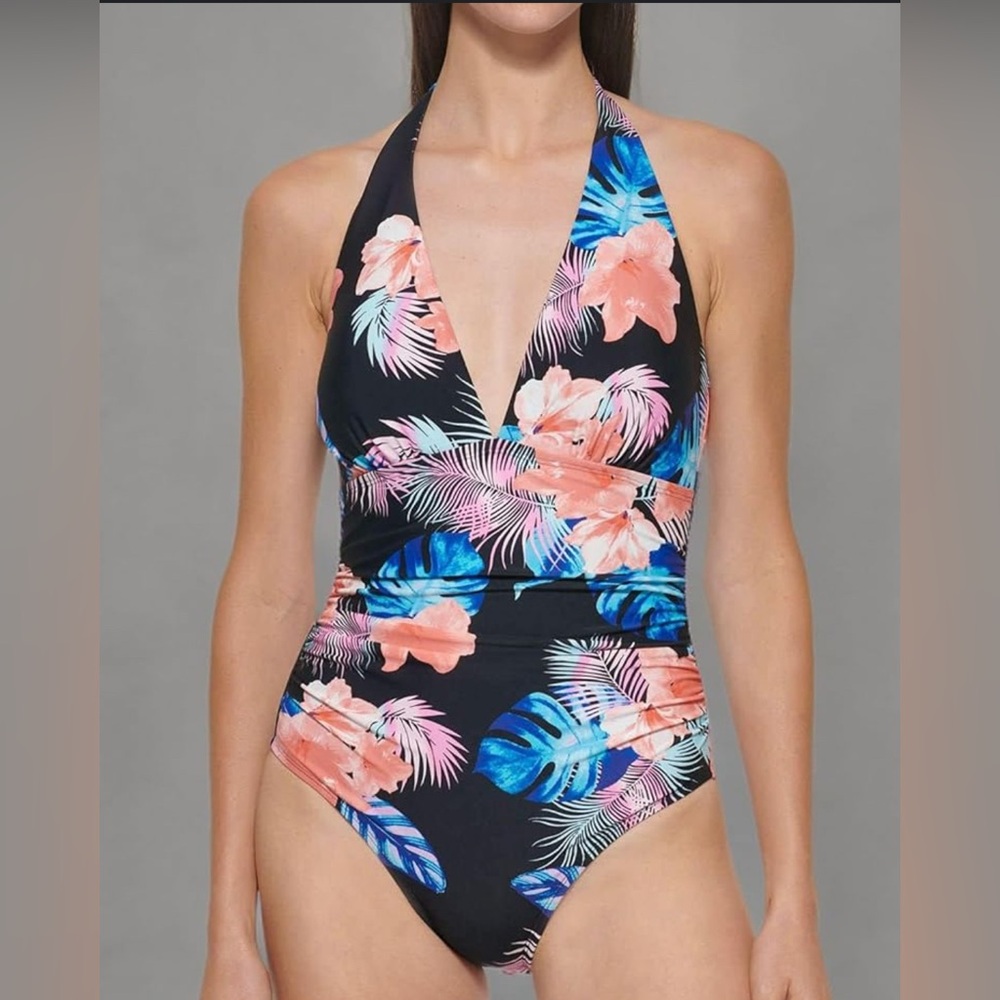 DKNY Sz L One Piece Halter Tummy Control Shirred Swimsuit Hibiscus Black Coral